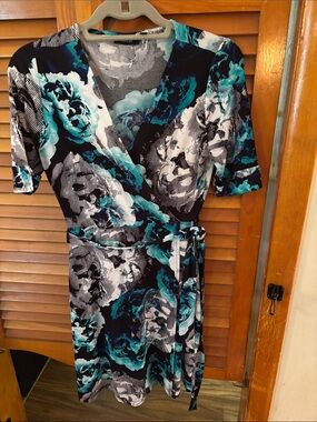 Apt. 9 Teal Black and White Floral Wrap Dress
